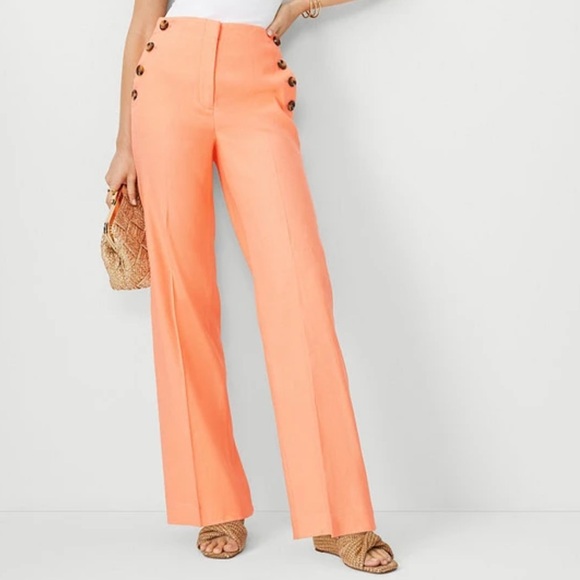 Ann Taylor The Petite Straight Sailor Pant in Linen Blend Vivid Apricot SZ 8P - Picture 1 of 8